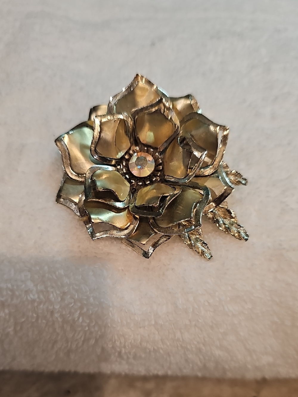Gold-Tone Floral Brooch Pin with Sparkling Center